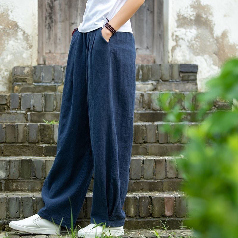 🔥【M-4XL】Nové dámské kalhoty s širokými nohavicemi volného střihu po kotníky z bavlny a lnu💨