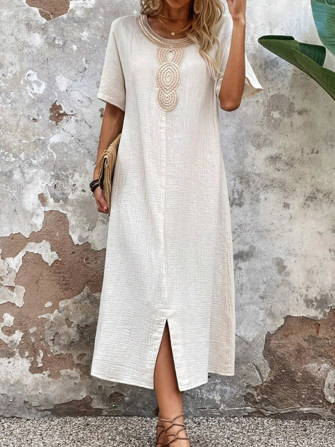 🧚♀️👗【Sleva 50 % 🔥】【S-3XL】💖Letní volné dámské šaty s kulatým výstřihem, krajkou, krátkým rukávem, z čisté bavlny a lnu, s rozparkem