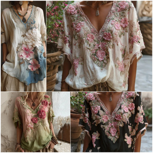 💕 Blusa elegante con cuello en V profundo y estampado floral 【Oferta limitada: compra uno y llévate otro gratis】 Tallas S-4XL _4240013