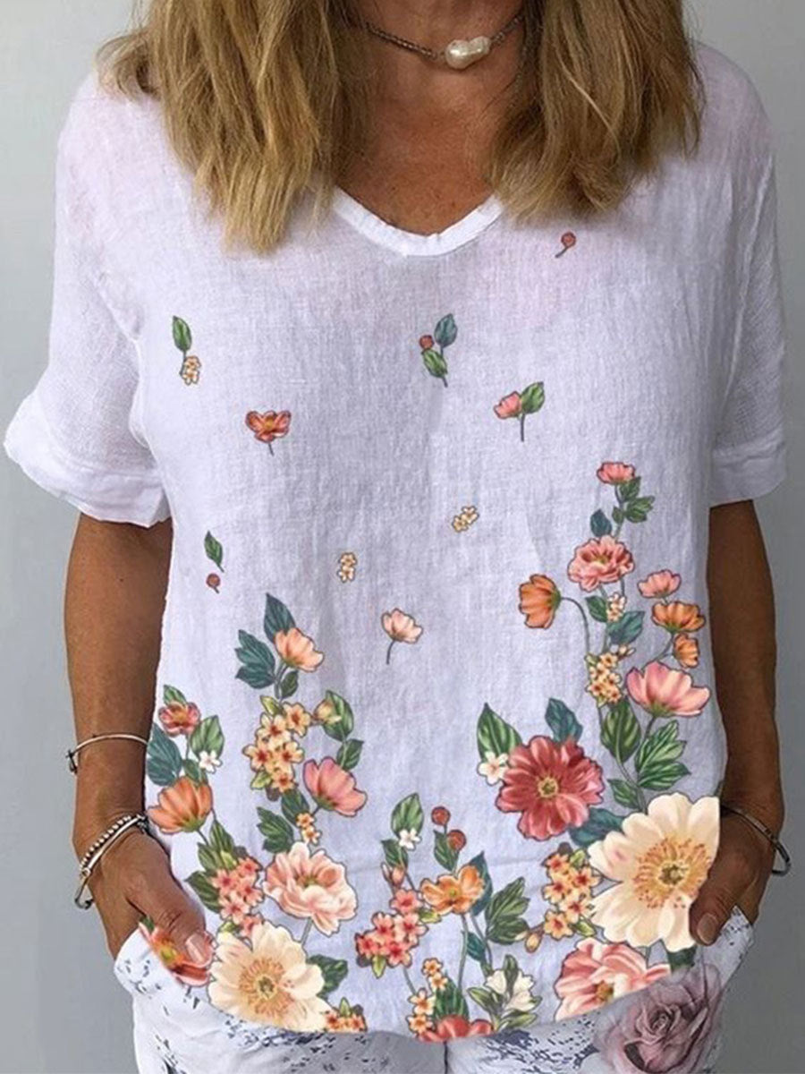 🌈【S-5XL】💐 Bavlněné a lněné tričko s krátkým rukávem s květinovým potiskem