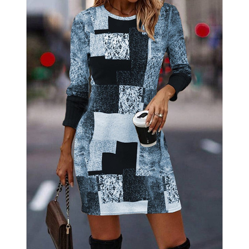 🔥👗【S-3XL】kontrastní neformální šaty s kulatým výstřihem a dlouhým rukávem