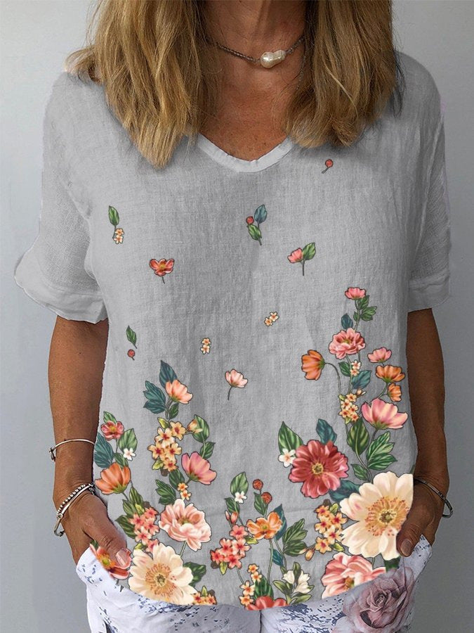 🌈【S-5XL】💐 Bavlněné a lněné tričko s krátkým rukávem s květinovým potiskem