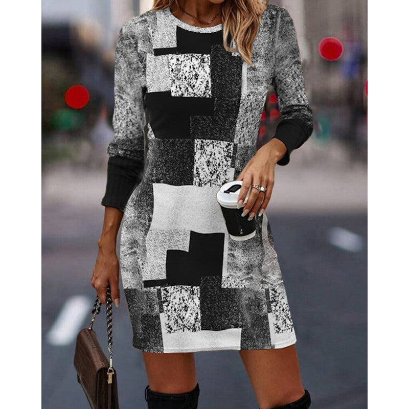 🔥👗【S-3XL】kontrastní neformální šaty s kulatým výstřihem a dlouhým rukávem