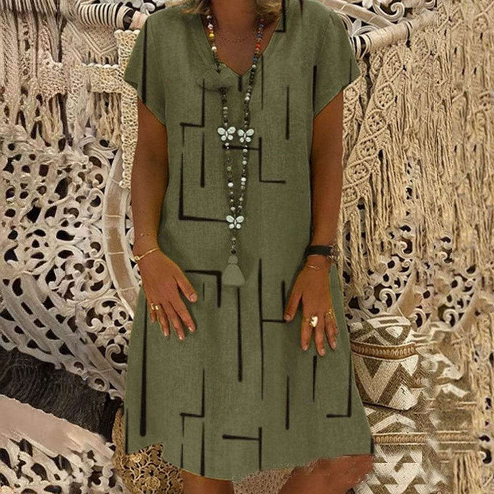 👗【S-5XL】2024 nové bavlněné šaty s potiskem s výstřihem do V_3718799