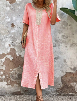 🧚♀️👗【Sleva 50 % 🔥】【S-3XL】💖Letní volné dámské šaty s kulatým výstřihem, krajkou, krátkým rukávem, z čisté bavlny a lnu, s rozparkem