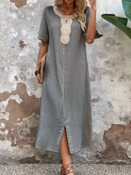 🧚♀️👗【Sleva 50 % 🔥】【S-3XL】💖Letní volné dámské šaty s kulatým výstřihem, krajkou, krátkým rukávem, z čisté bavlny a lnu, s rozparkem
