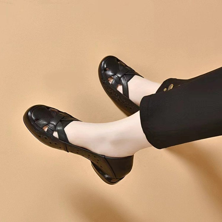 【35-40】2026 Nuevas sandalias de tacón bajo de piel auténtica con punta redonda para mujer_4235346