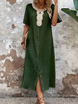 🧚♀️👗【Sleva 50 % 🔥】【S-3XL】💖Letní volné dámské šaty s kulatým výstřihem, krajkou, krátkým rukávem, z čisté bavlny a lnu, s rozparkem