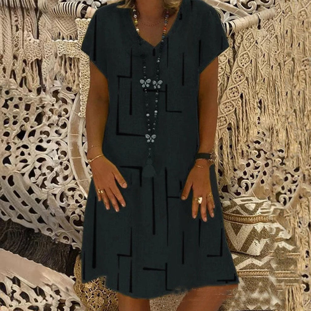 👗【S-5XL】2024 nové bavlněné šaty s potiskem s výstřihem do V_3718799