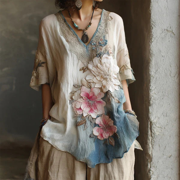 đ Blusa elegante con cuello en V profundo y estampado floral ăOferta limitada: compra uno y llĂ©vate otro gratisă Tallas S-4XL _4240013