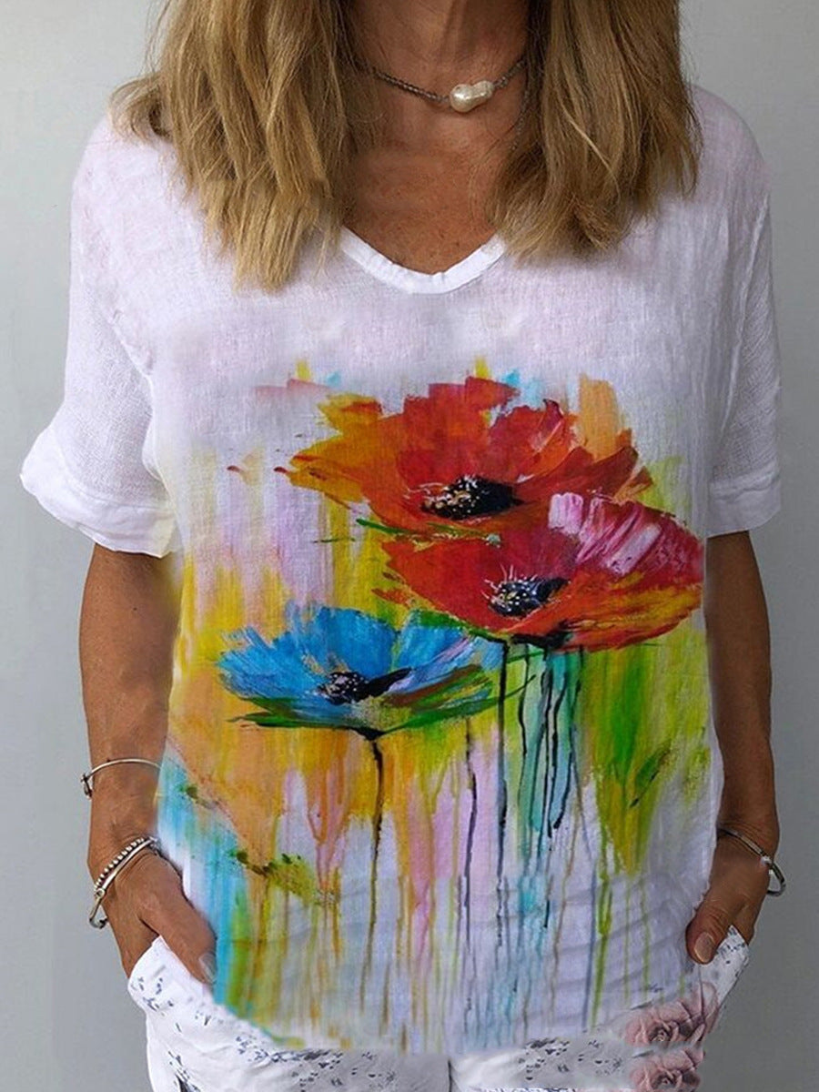 🌈【S-5XL】💐 Bavlněné a lněné tričko s krátkým rukávem s květinovým potiskem