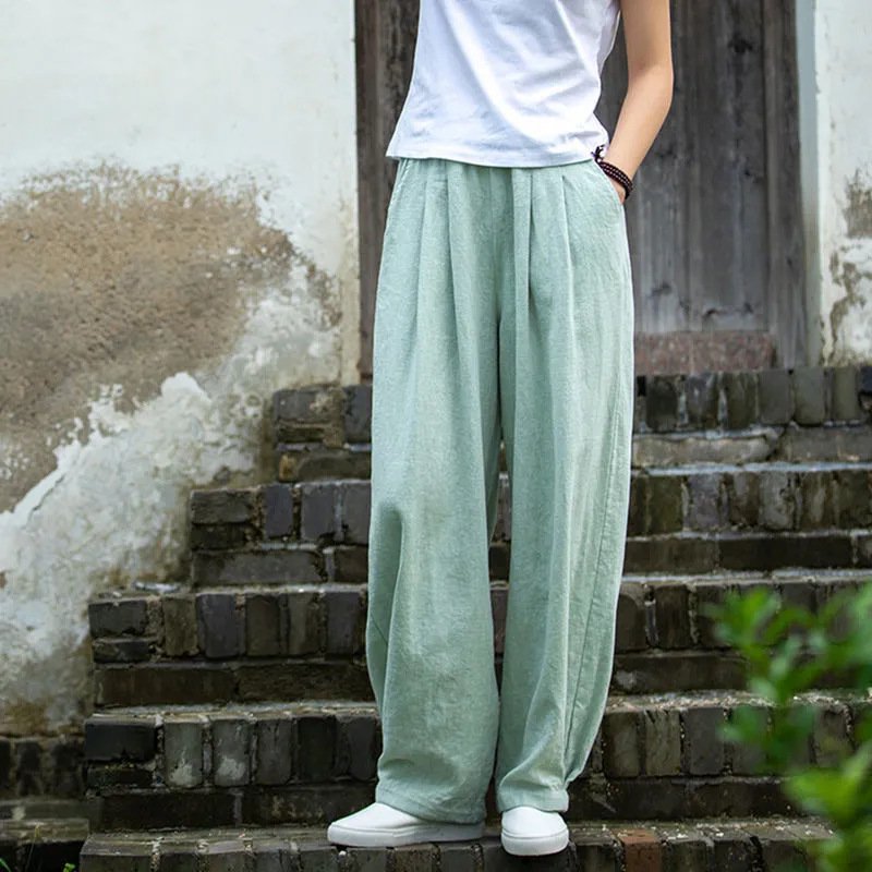 🔥【M-4XL】Nové dámské kalhoty s širokými nohavicemi volného střihu po kotníky z bavlny a lnu💨
