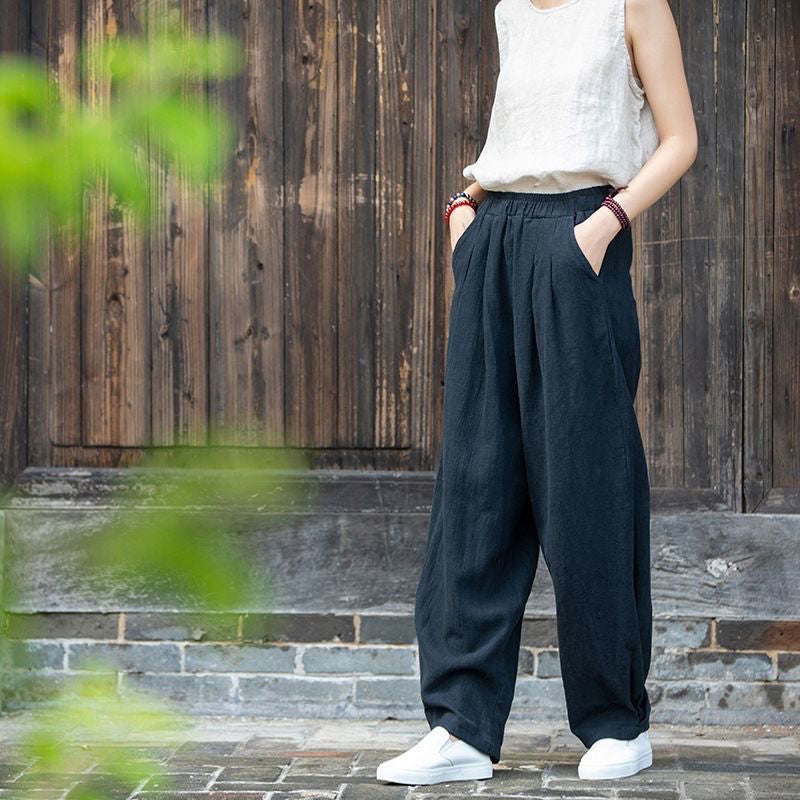 🔥【M-4XL】Nové dámské kalhoty s širokými nohavicemi volného střihu po kotníky z bavlny a lnu💨