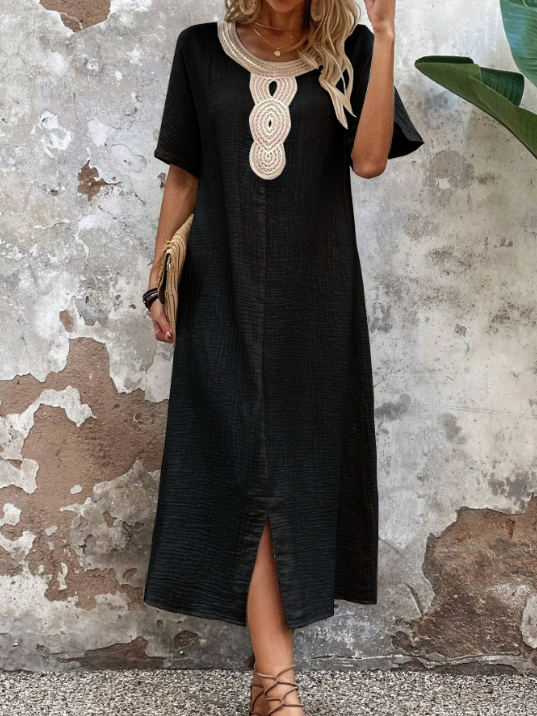 🧚♀️👗【Sleva 50 % 🔥】【S-3XL】💖Letní volné dámské šaty s kulatým výstřihem, krajkou, krátkým rukávem, z čisté bavlny a lnu, s rozparkem