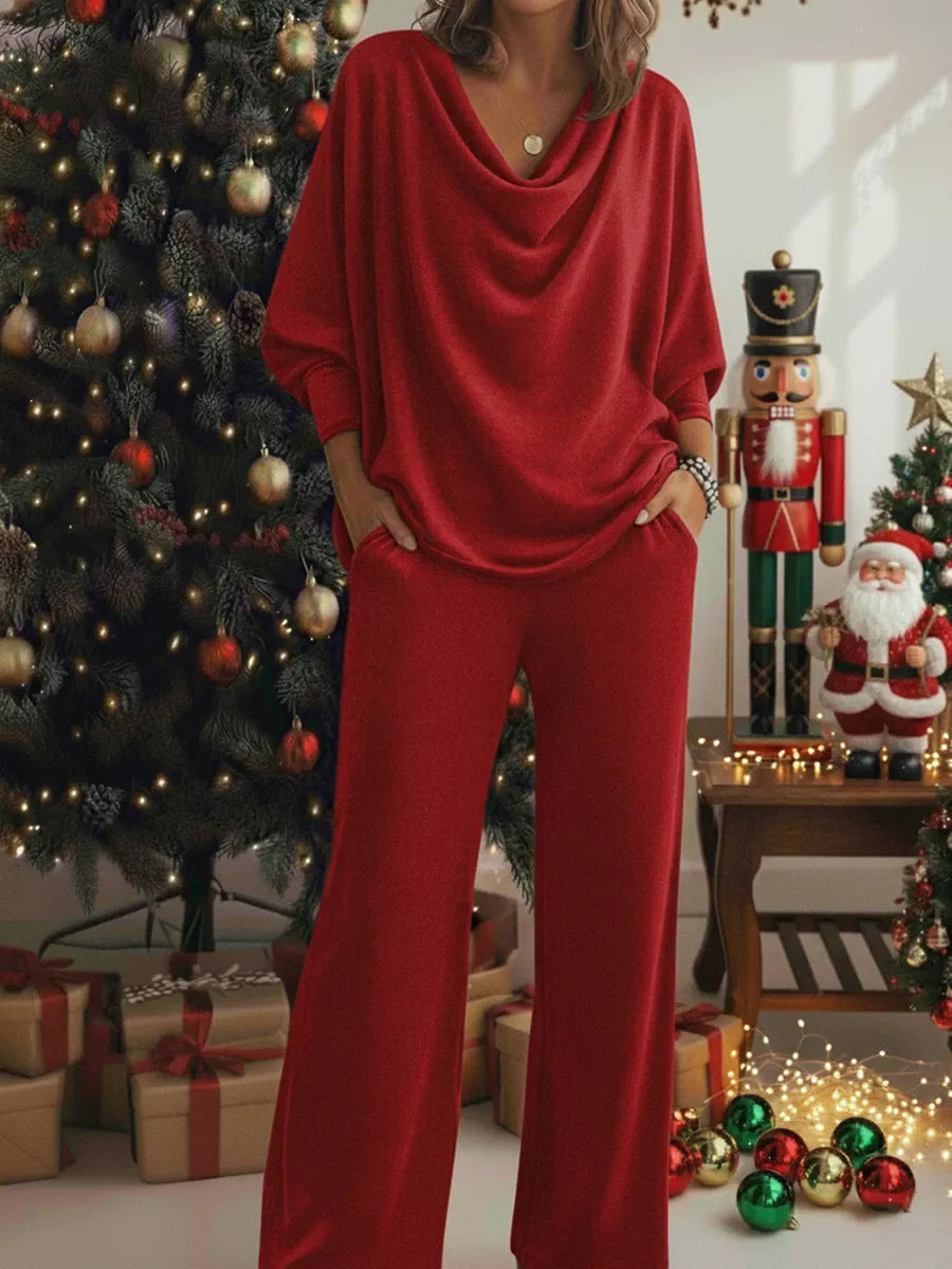 📢¡60% de descuento!🎅Conjunto de dos piezas de cómoda camiseta y pantalón de terciopelo con elástico en el cuello-E_4204946