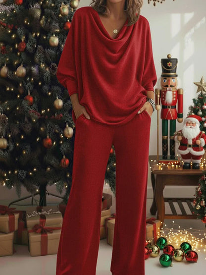 📢¡60% de descuento!🎅Conjunto de dos piezas de cómoda camiseta y pantalón de terciopelo con elástico en el cuello-E_4204946
