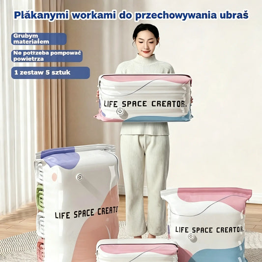 👕📦【Zestaw 5 sztuk!】Worki próżniowe do kompresji ubrań, nie wymagają pompki | Dwuwarstwowy pasek uszczelniający o pogrubionej konstrukcji zapobiegający pękaniu i przeciekaniu.