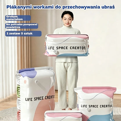 👕📦【Zestaw 5 sztuk!】Worki próżniowe do kompresji ubrań, nie wymagają pompki | Dwuwarstwowy pasek uszczelniający o pogrubionej konstrukcji zapobiegający pękaniu i przeciekaniu.