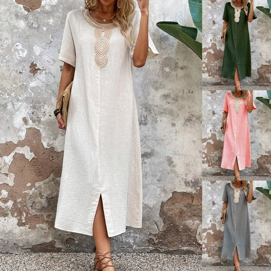 🧚‍♀️👗【Sleva 50 % 🔥】【S-3XL】💖Letní volné dámské šaty s kulatým výstřihem, krajkou, krátkým rukávem, z čisté bavlny a lnu, s rozparkem