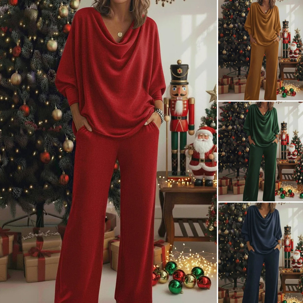 📢60% kedvezmény! 🎅 Kétrészes szett: Kényelmes bársony felső és rugalmas nyakkivágású nadrág_4188277