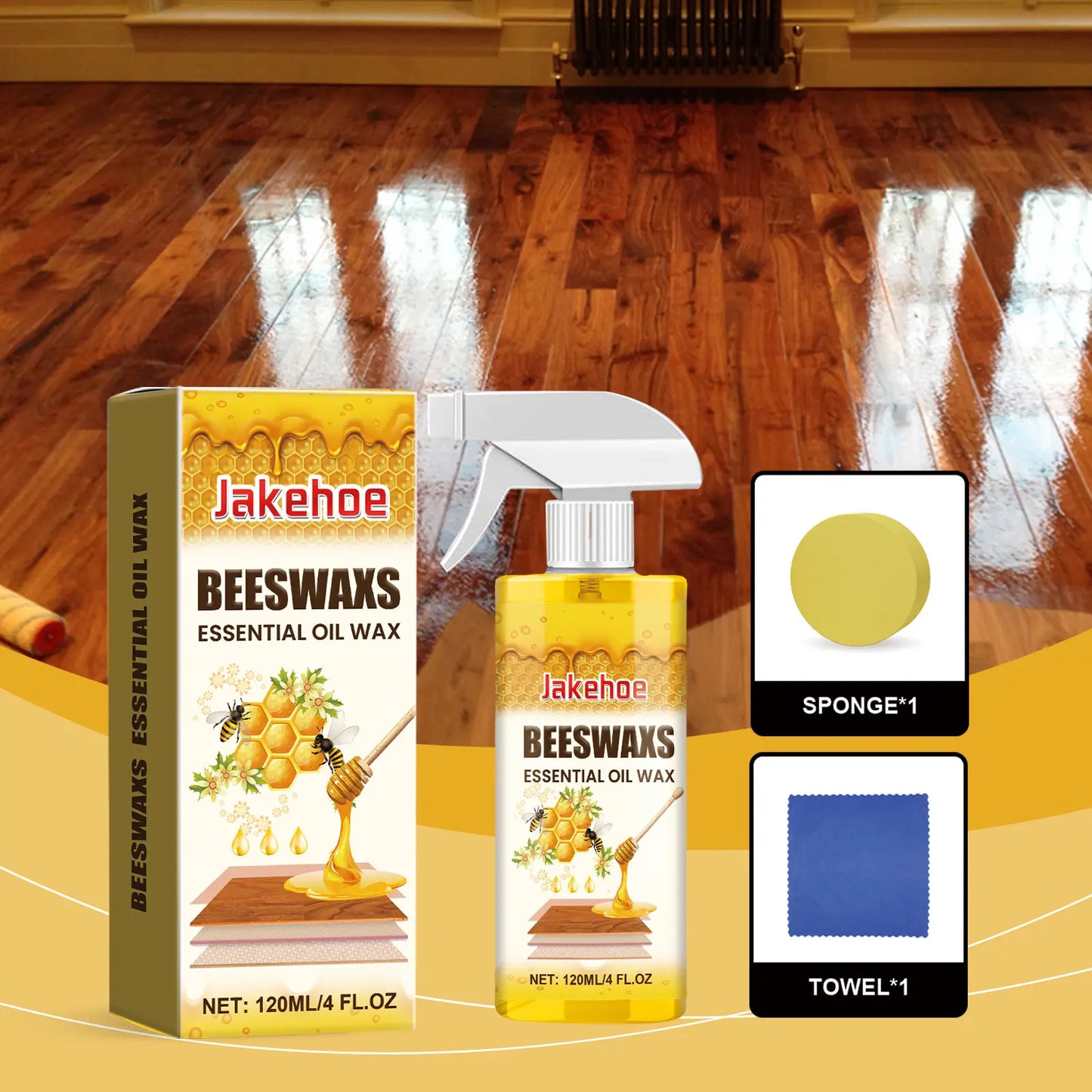 Spray abrillantador de madera con cera de abeja de 120 ml (incluye esponja y toalla) para el cuidado de los muebles, la prevención de grietas y la protección de la pintura.