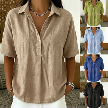 ⏳ Último día, -50%【S–3XL】Camisa mujer de algodón y lino manga corta, corte entallado, transpirable y cómoda, fácil de combinar