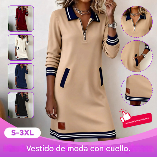 🔥🔥【40-100kg】Nuevo vestido casual de invierno con cremallera, cuello, manga larga y bolsillo en bloque de color_4207903