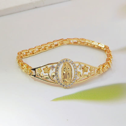 Pulsera de la Virgen María con flores caladas en oro