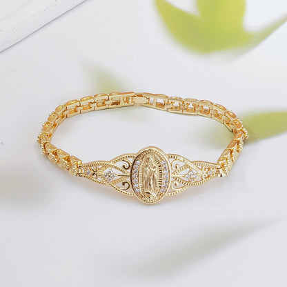 Pulsera de la Virgen María con flores caladas en oro