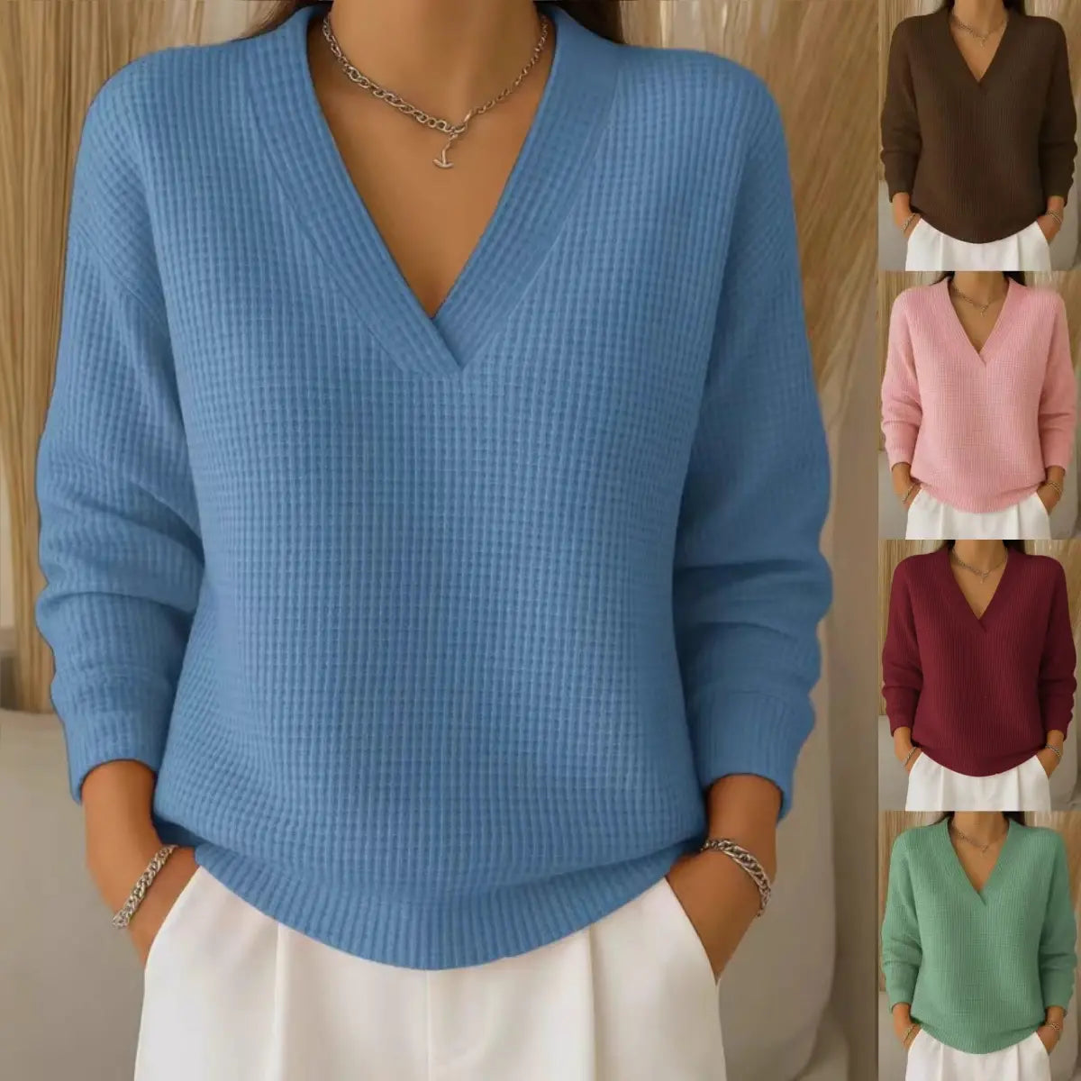 🔥Oferta especial de otoño【S-3XL】2026 Elegante y cómoda blusa de punto con cuello en V para mujer