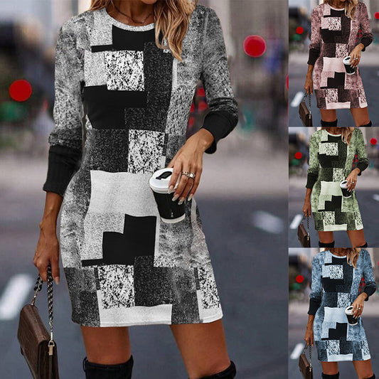 🔥👗【S-3XL】kontrastní neformální šaty s kulatým výstřihem a dlouhým rukávem