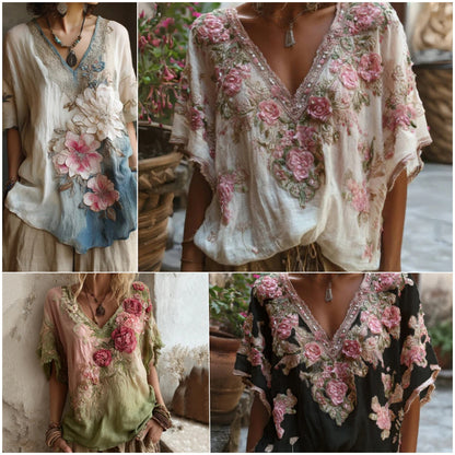 💕 Blusa elegante con cuello en V profundo y estampado floral 【Oferta limitada: compra uno y llévate otro gratis】 Tallas S-4XL _4240013