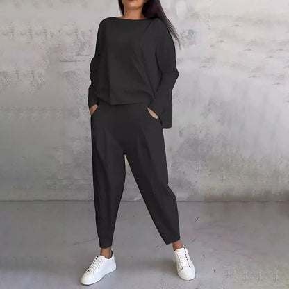 💖[Top + Kalhoty] Módní dvoudílná souprava, jednobarevné ležérní a trendy dámské oblečení, příjemná látka z čisté bavlny_3911988