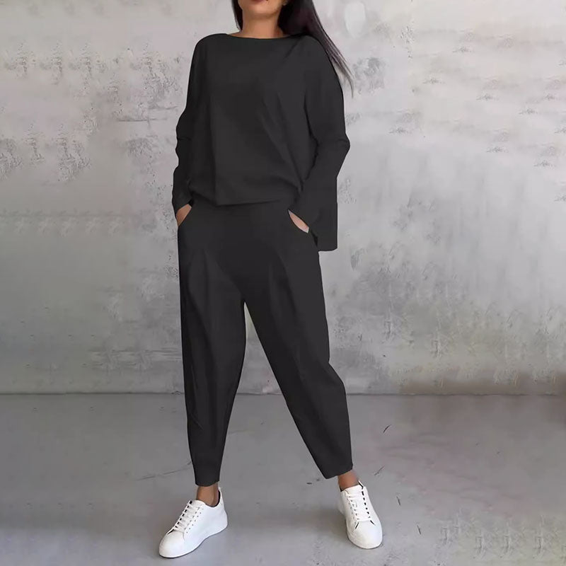 💖[Top + Kalhoty] Módní dvoudílná souprava, jednobarevné ležérní a trendy dámské oblečení, příjemná látka z čisté bavlny_3911988