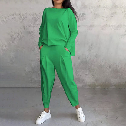 💖[Top + Kalhoty] Módní dvoudílná souprava, jednobarevné ležérní a trendy dámské oblečení, příjemná látka z čisté bavlny_3911988