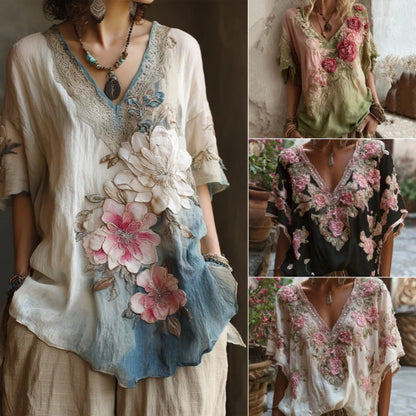 💕 Blusa elegante con cuello en V profundo y estampado floral 【Oferta limitada: compra uno y llévate otro gratis】 Tallas S-4XL _4240013
