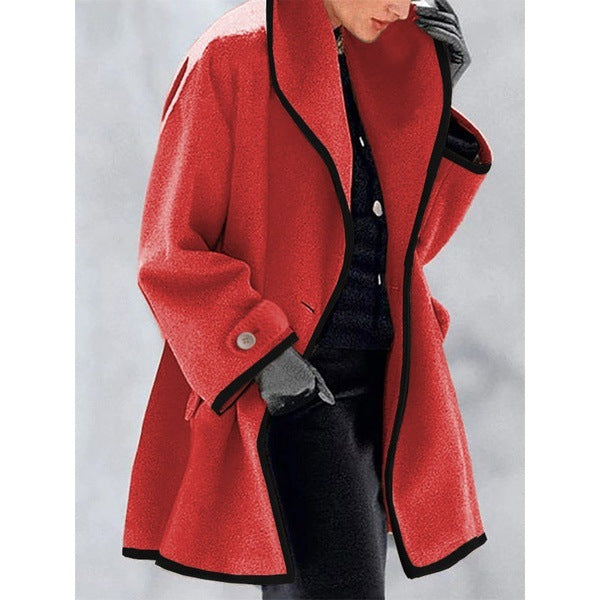 ⭐🤗Abrigo de lana liso con capucha para mujer: cuello grande, corte holgado, ribete en contraste