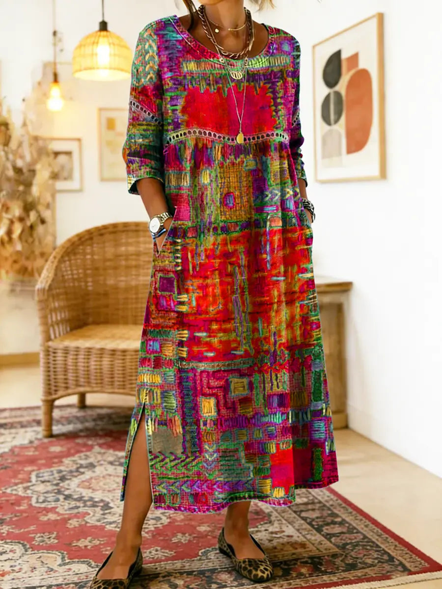 💟【S-5XL】Vestido de algodón para mujer con estampado étnico y patchwork, con ribete de encaje.✅️Pago contra entrega