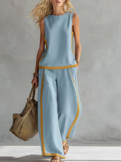 🔥 ¡Nueva llegada de verano! 😍 2026 Nuevo conjunto moderno de dos piezas para mujer: top sin mangas con detalles en contraste y pantalones de pierna ancha - Estilo veraniego, casual y chic.