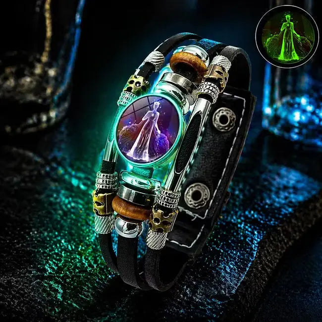 🌙 Svetleča usnjena zapestnica z zodiakalnim simbolom – 3-plastna pletenica, nastavljiva dolžina, unisex 💫✨
