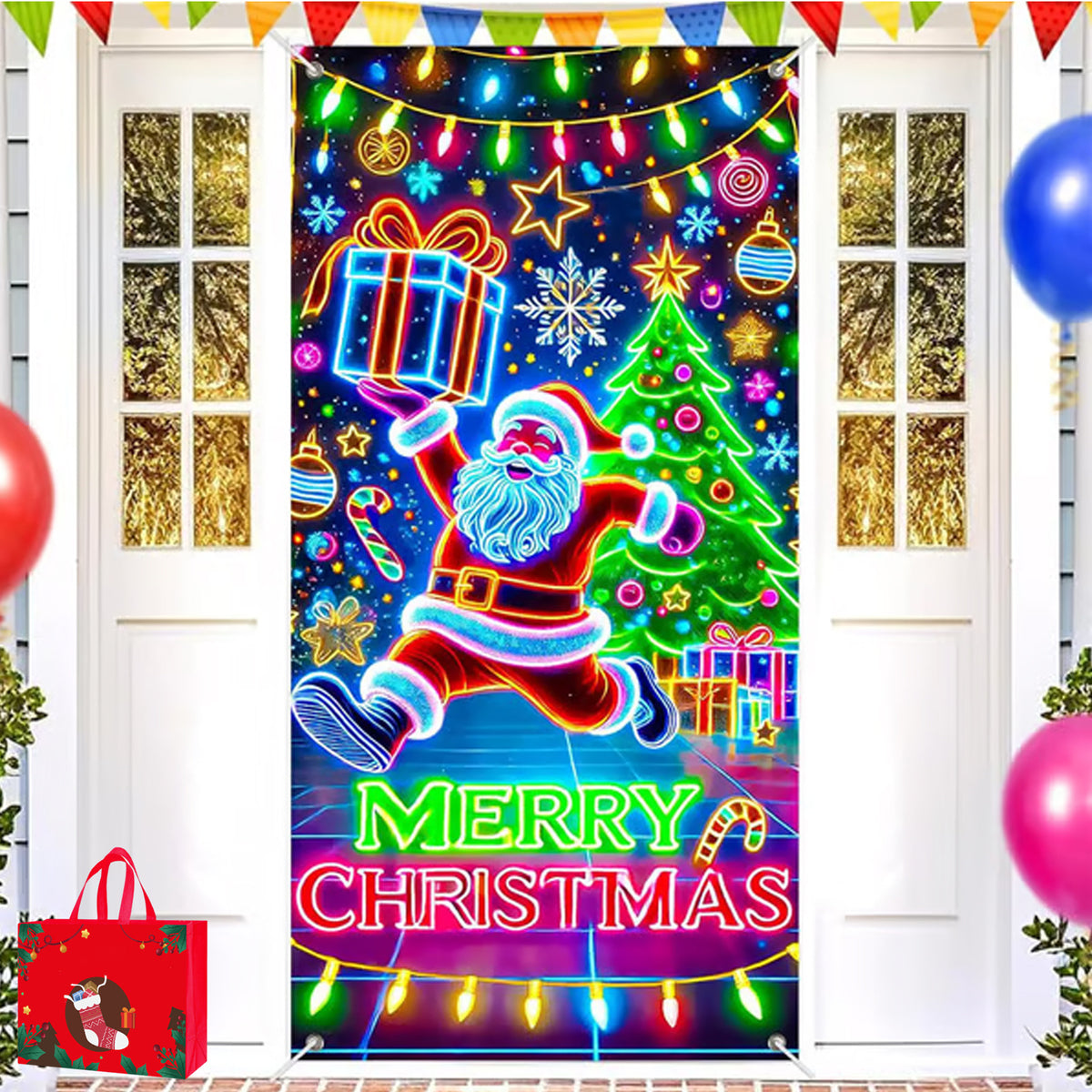 Pancarta navideña fluorescente UV para puerta/fondo/decoración para fiestas navideñas/tela decorativa navideña colgante