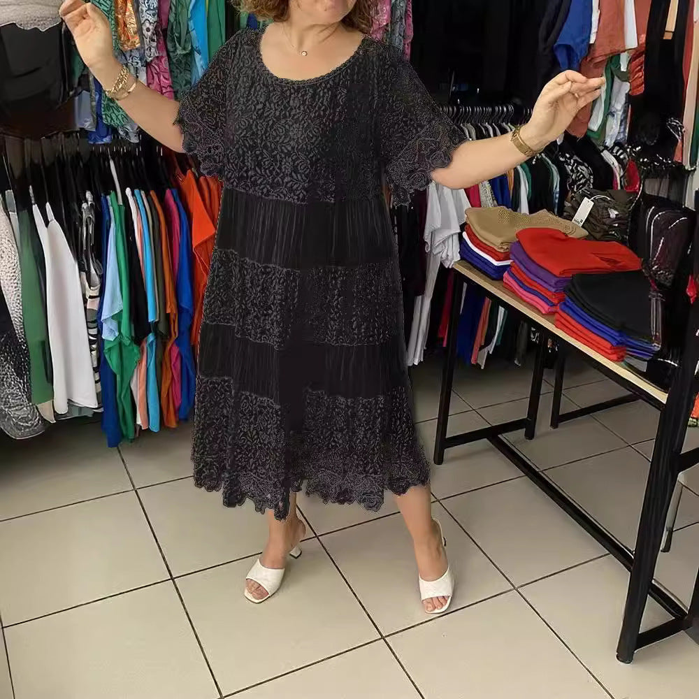 🔥【50% DE DESCUENTO】✨✨✨【S-5XL】Nuevo vestido de manga corta para 2026, con cuello redondo y encaje.