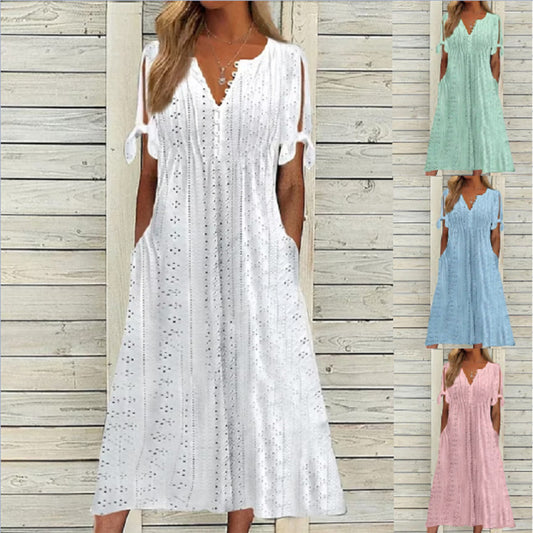 👗【S-3XL】Jednoduché nové dámské letní bavlněné a lněné šaty, pohodlné a prodyšné tkaniny
