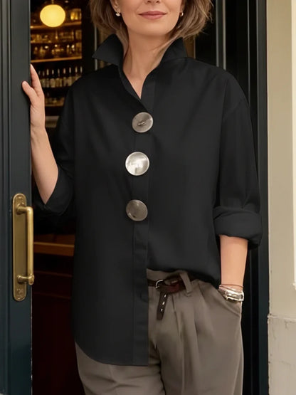 Elegáns ⏰ Új érkezés 2026 🤩 Stílusos és elegáns ❤️ 👉 【S-3XL】Pamut-len keverék ing, állógalléros kialakítással, fém gombokkal
