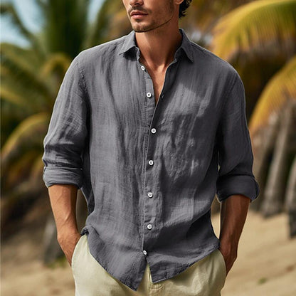 🌿【50% de descuento 🔥】Camisa de lino de manga larga para hombre, tallas grandes, diseño de color liso