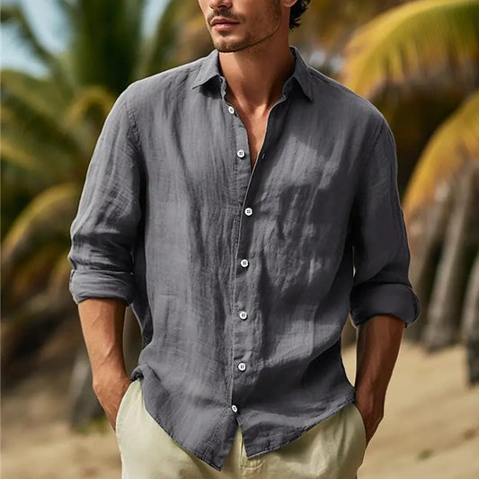 🌿【50% de descuento 🔥】Camisa de lino de manga larga para hombre, tallas grandes, diseño de color liso