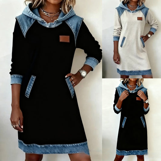 🔥【50% de descuento✨】🌷🌞 Nuevo vestido vaquero con capucha y patchwork, ideal para el invierno