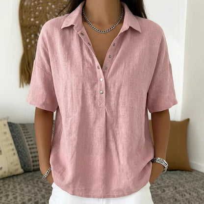 ⏳ Último día, -50%【S–3XL】Camisa mujer de algodón y lino manga corta, corte entallado, transpirable y cómoda, fácil de combinar