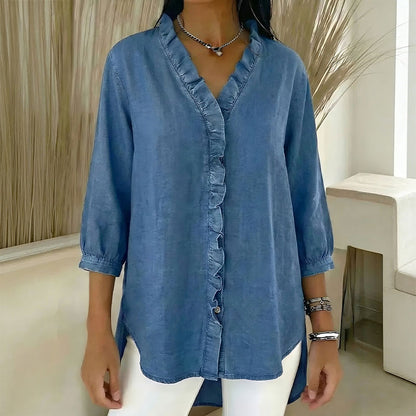 🔥 Pago contra reembolso ✅️【40-100kg】Camisa vaquera informal para mujer con cuello en V y volantes_4268762
