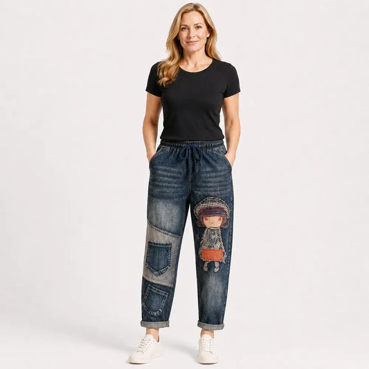 Blugi Dama Retro Lejeri cu Broderie Aplictă & Talie Elastică – Blugi Harem Stil Inedit (Mărimi S-5XL, 2 Culori) 👖✨🍂
